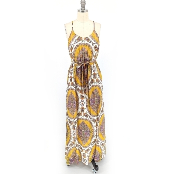 Anthropologie Akemi + Kin Paisley Maxi Dress Yellow Gold XS bohemian summer - Picture 1 of 7